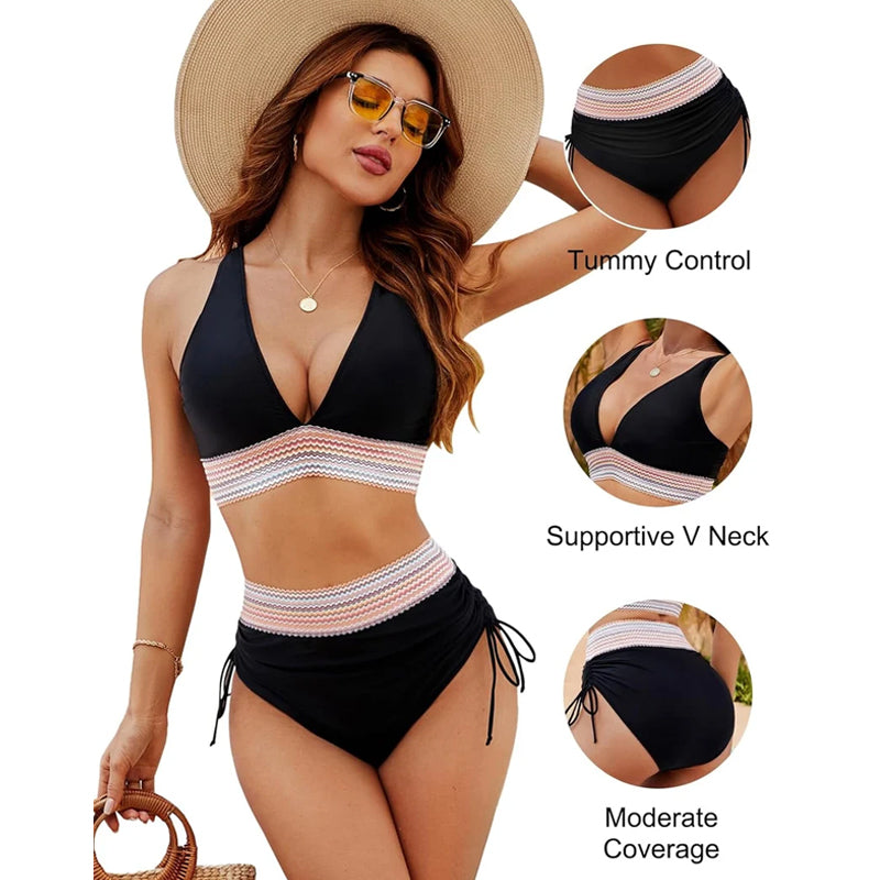 🔥S~4XL disponible🔥2025 Conjuntos de bikini de cintura alta y control de abdomen en bloque de color.