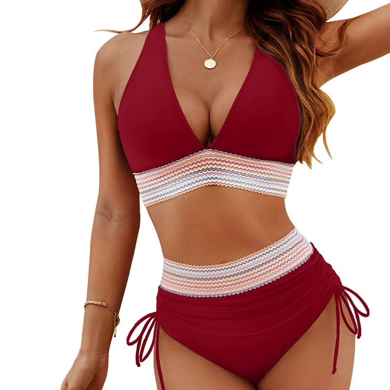 🔥S~4XL disponible🔥2025 Conjuntos de bikini de cintura alta y control de abdomen en bloque de color.