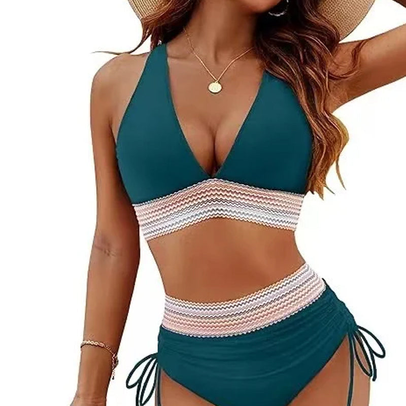 🔥S~4XL disponible🔥2025 Conjuntos de bikini de cintura alta y control de abdomen en bloque de color.