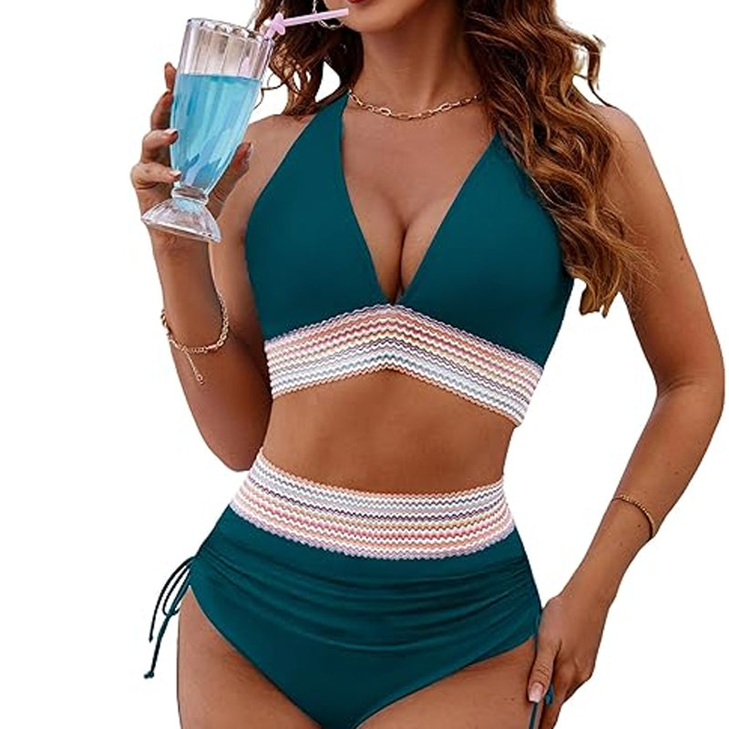 🔥S~4XL disponible🔥2025 Conjuntos de bikini de cintura alta y control de abdomen en bloque de color.