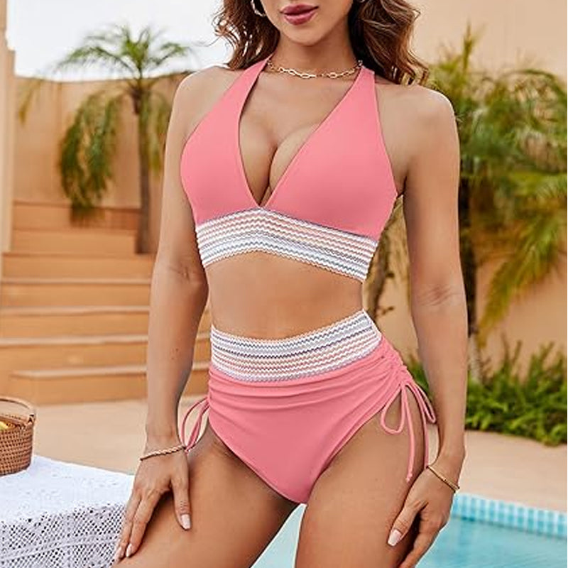 🔥S~4XL disponible🔥2025 Conjuntos de bikini de cintura alta y control de abdomen en bloque de color.
