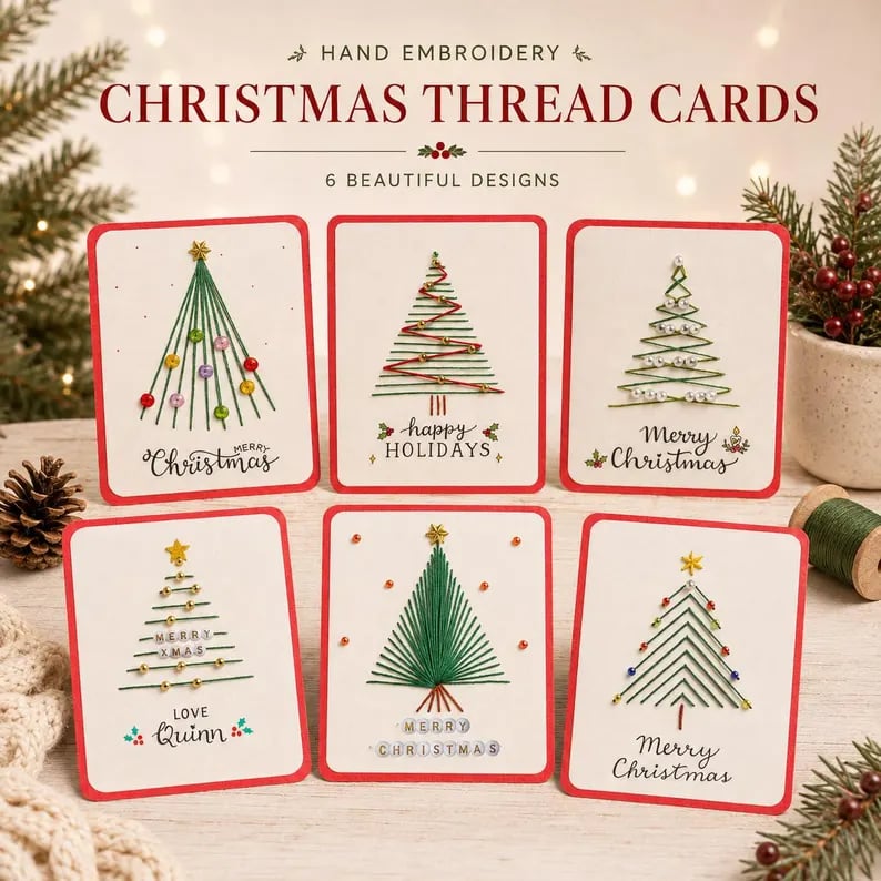 🎄🧵 Kit de manualidad de tarjetas de Navidad estilo bordado (6 modelos) — una tarjeta única, un gesto hecho desde el corazón