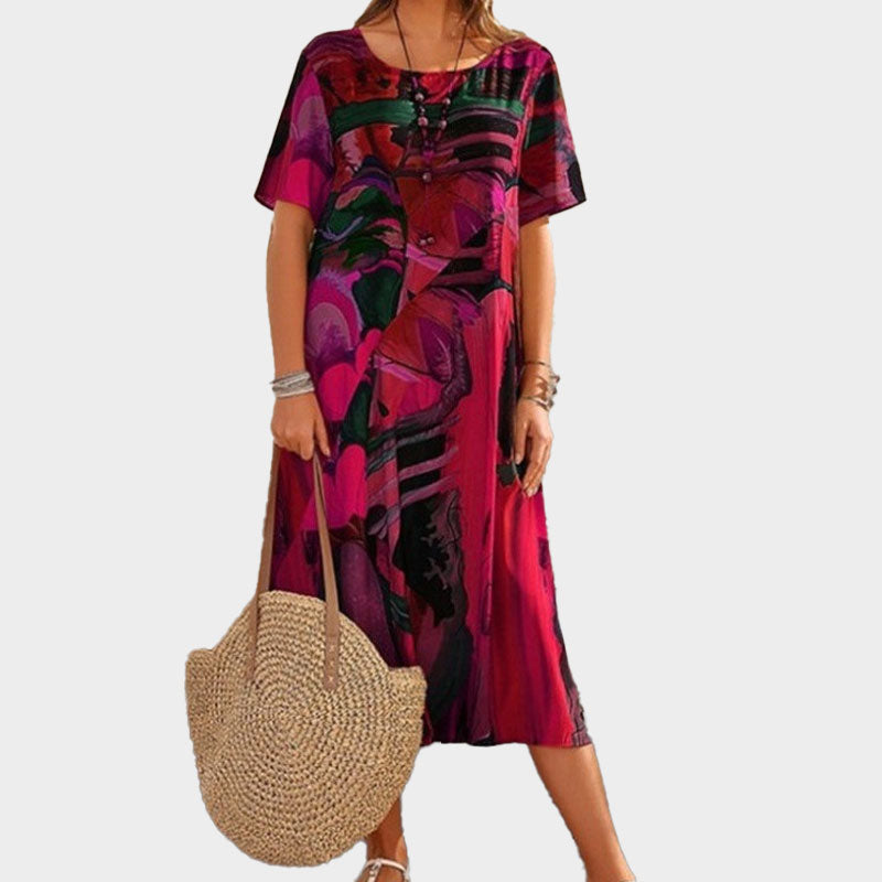 ⌛Denne ukens spesialtilbud☀️💖Sommerkjole med løst trykk | Rund hals med korte erme🌸