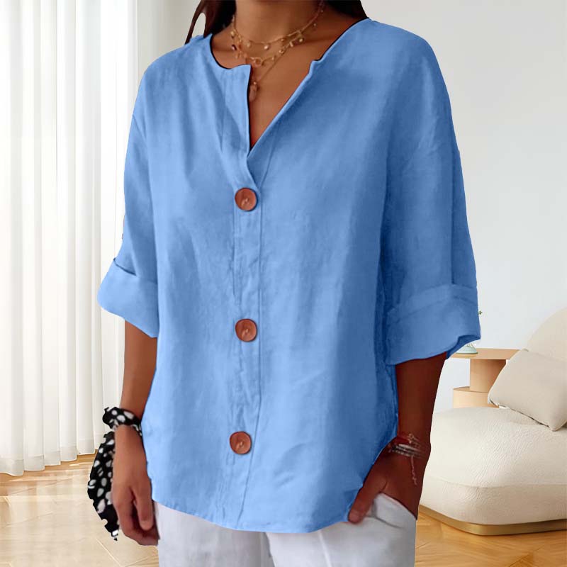 💃Løs skjorte i bomull og lin med knappelukking🎀