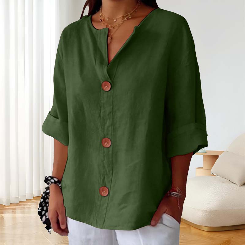💃Løs skjorte i bomull og lin med knappelukking🎀