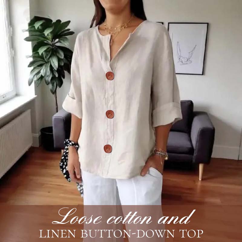 💃Løs skjorte i bomull og lin med knappelukking🎀