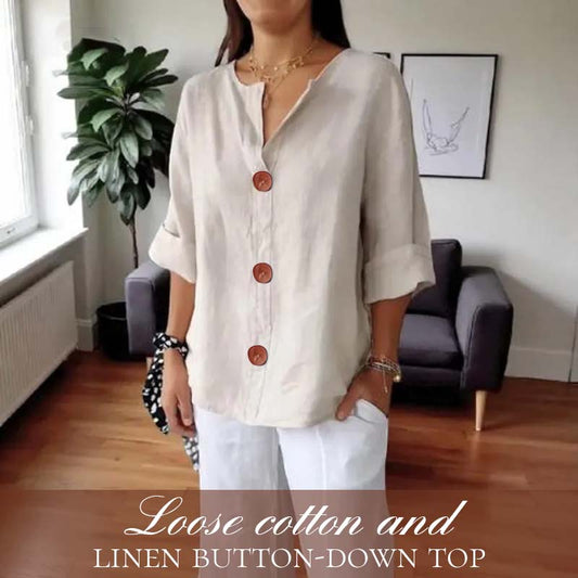 💃Løs skjorte i bomull og lin med knappelukking🎀