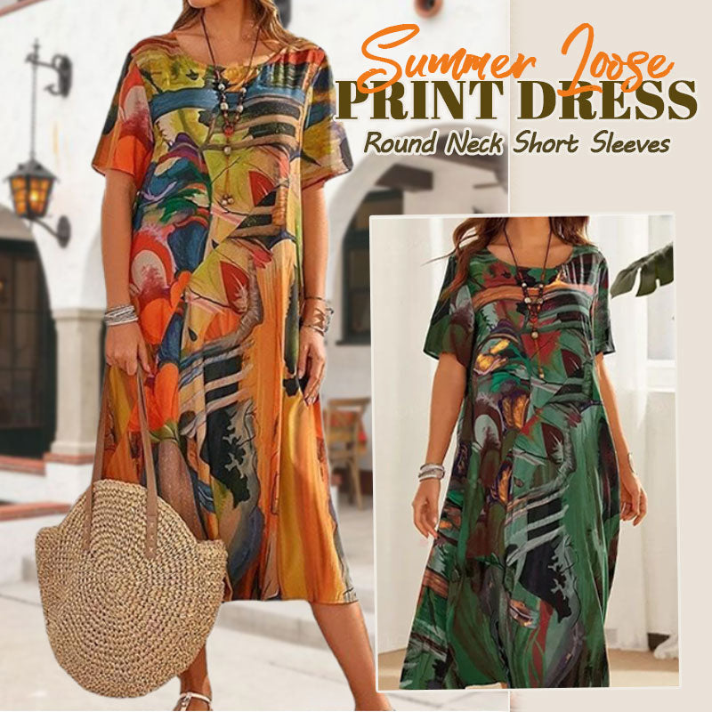 ⌛Denne ukens spesialtilbud☀️💖Sommerkjole med løst trykk | Rund hals med korte erme🌸