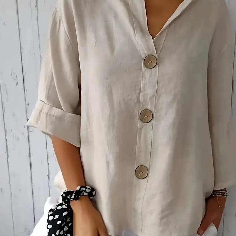 💃Løs skjorte i bomull og lin med knappelukking🎀