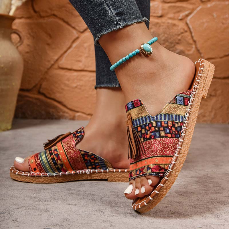 🌞Sandalias planas con borlas bohemias