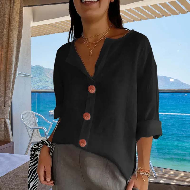 💃Løs skjorte i bomull og lin med knappelukking🎀