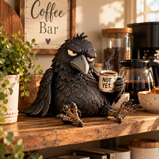 🦅☕ Figura de Cuervo Gruñón del Café – “Todavía No” Divertida Decoración Matutina