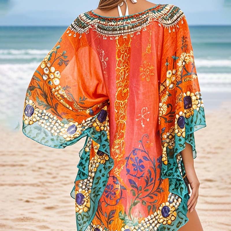 Top tipo cárdigan con cuello en V y contraste de estilo étnic