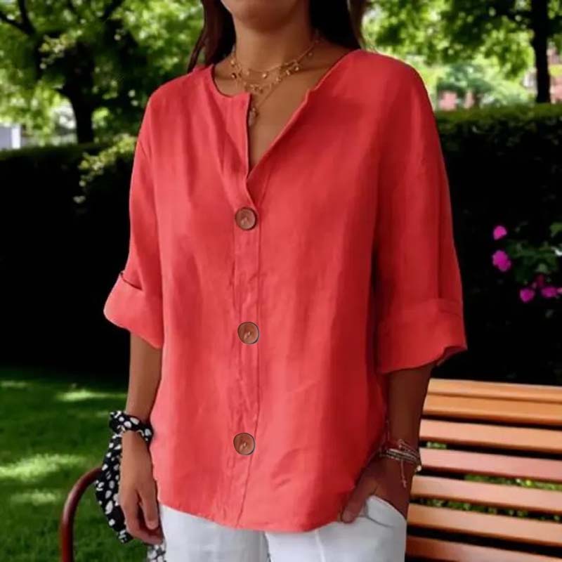 💃Løs skjorte i bomull og lin med knappelukking🎀