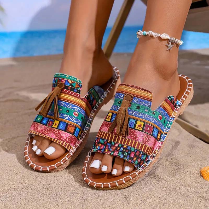 🌞Sandalias planas con borlas bohemias