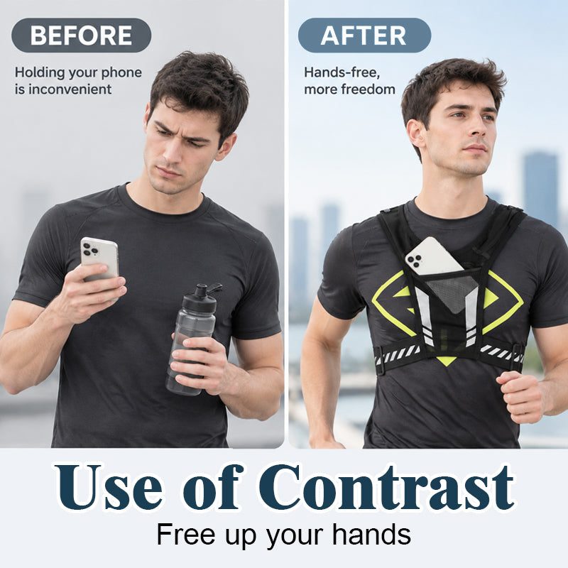 🏃Chaleco de running manos libres -- Botella de agua, almacenamiento para el teléfono y seguridad reflectante