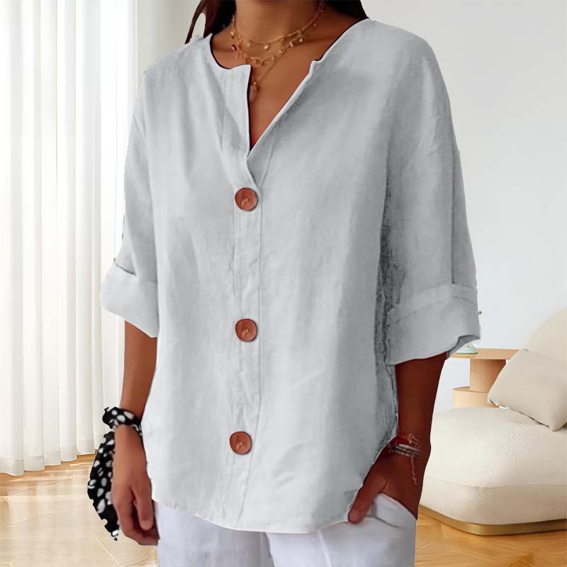 💃Løs skjorte i bomull og lin med knappelukking🎀