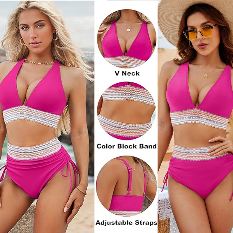 🔥S~4XL disponible🔥2025 Conjuntos de bikini de cintura alta y control de abdomen en bloque de color.