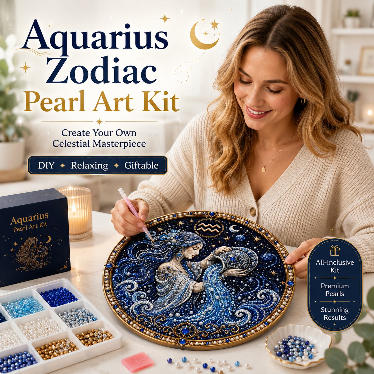 🌙 ¡Magia en tu pared! Arte de perlas zodiacal 3D de lujo para un hogar acogedor 🔮