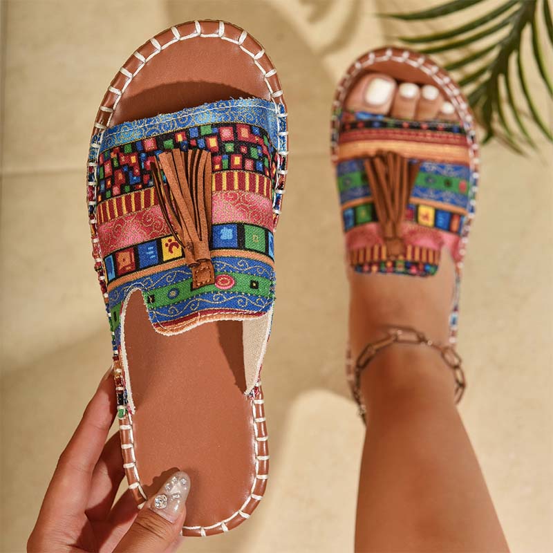 🌞Sandalias planas con borlas bohemias