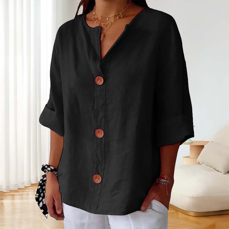 💃Løs skjorte i bomull og lin med knappelukking🎀