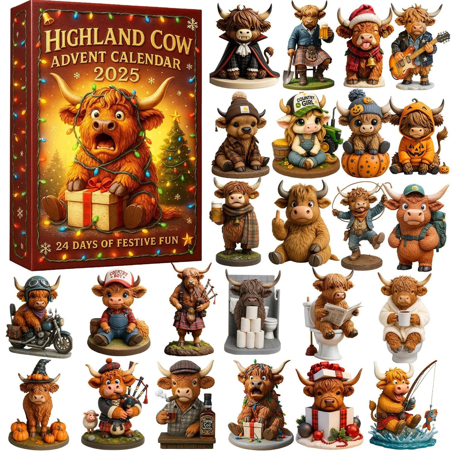 🐮Highland Ku Adventskalender 2025🎄✨ - 3D Håndlaget Highland Ku Dukke (24 stk)
